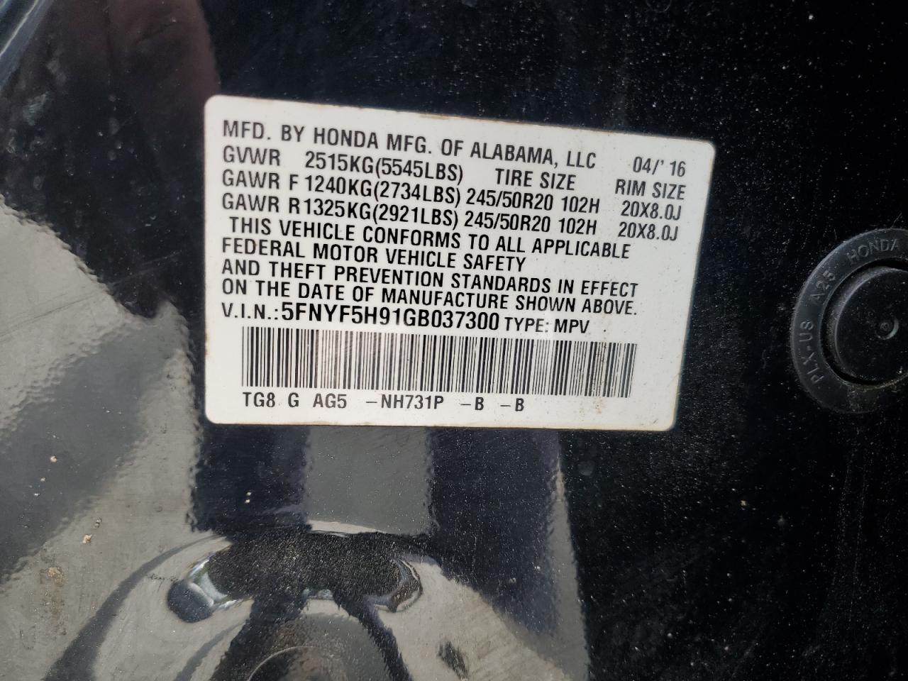 2016 Honda Pilot Touring VIN: 5FNYF5H91GB037300 Lot: 80141605