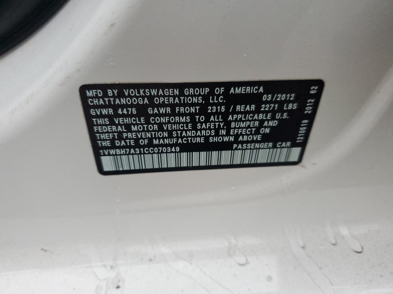 2012 Volkswagen Passat Se VIN: 1VWBH7A31CC070349 Lot: 81750255