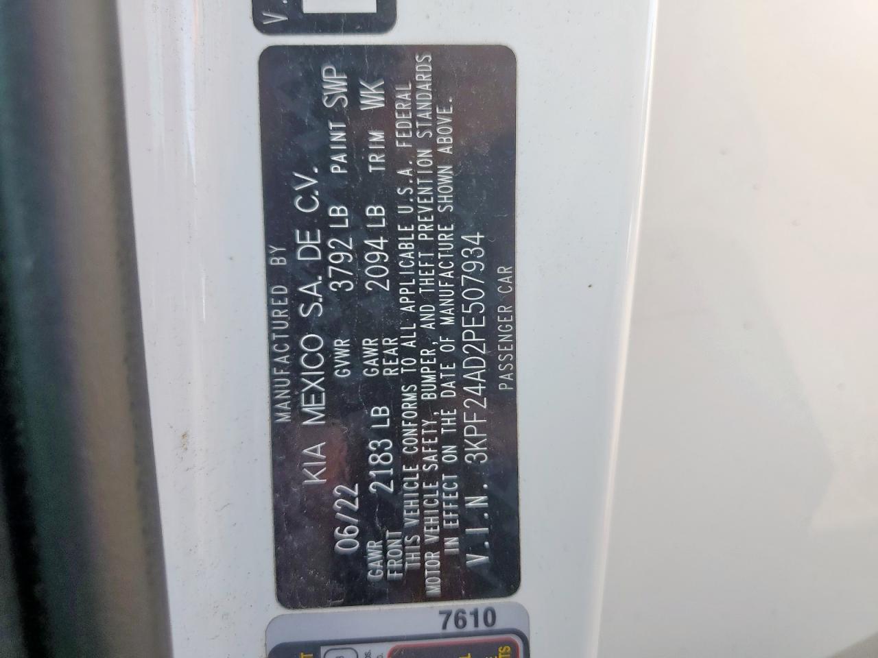 2023 Kia Forte Lx VIN: 3KPF24AD2PE507934 Lot: 72007805