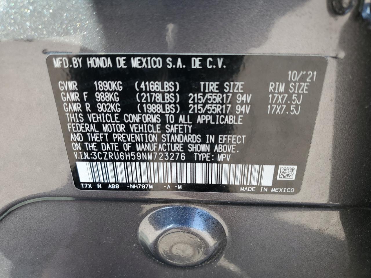 2022 Honda Hr-V Ex VIN: 3CZRU6H59NM723276 Lot: 81505155