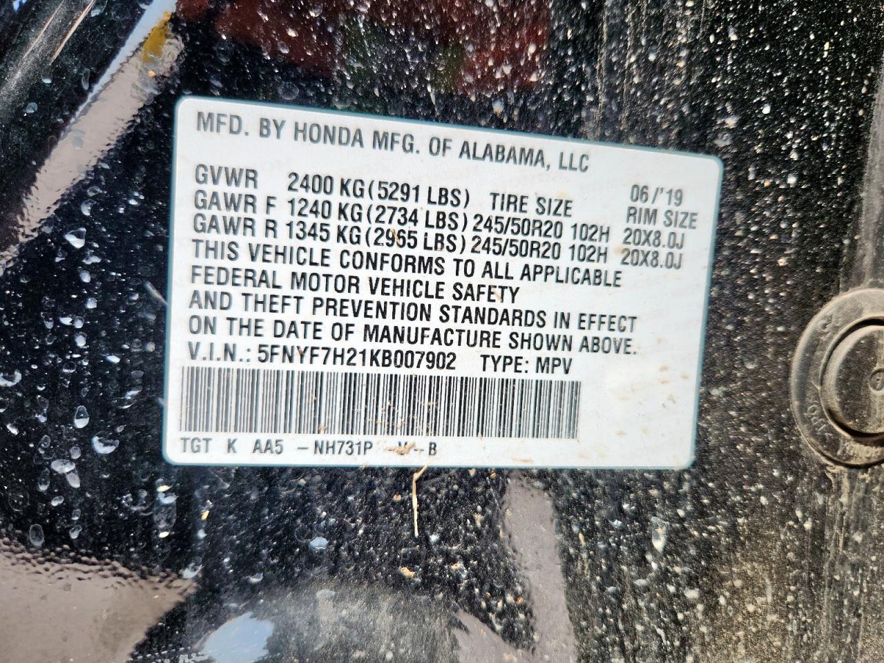 2019 Honda Passport Sport VIN: 5FNYF7H21KB007902 Lot: 81842075