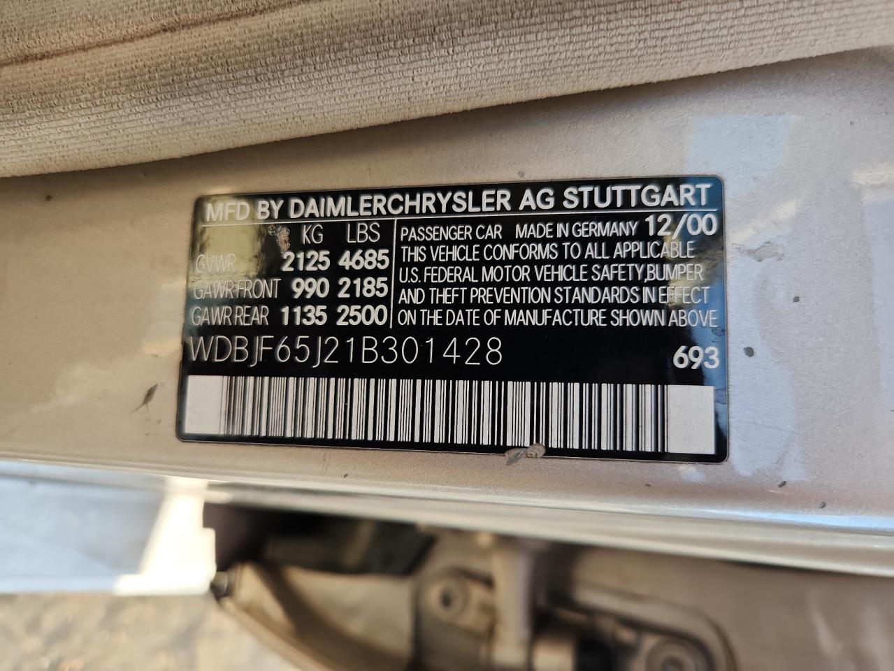 2001 Mercedes-Benz E 320 VIN: WDBJF65J21B301428 Lot: 81242245