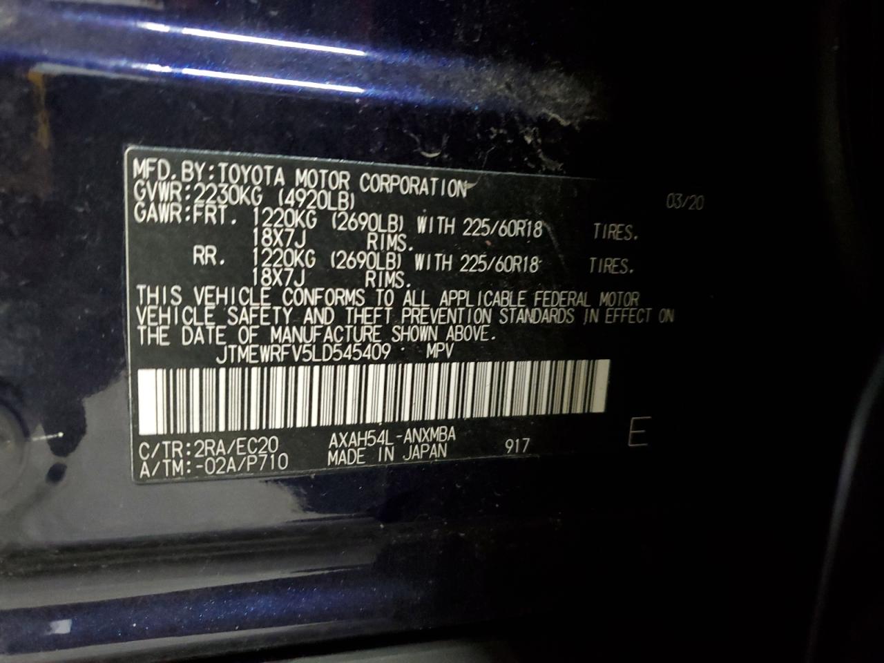 2020 Toyota Rav4 Xse VIN: JTMEWRFV5LD545409 Lot: 81457925