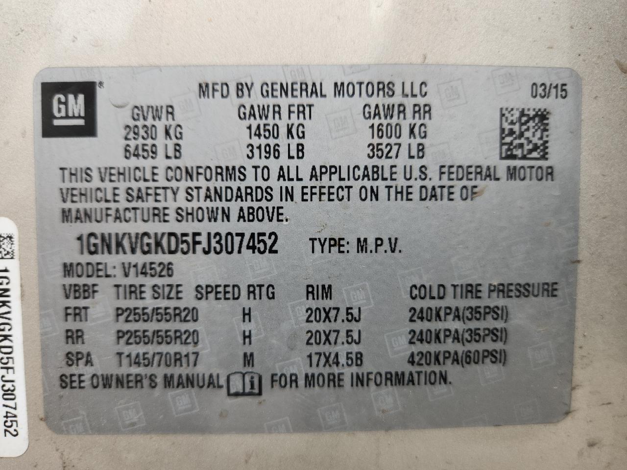 2015 Chevrolet Traverse Lt VIN: 1GNKVGKD5FJ307452 Lot: 81319055