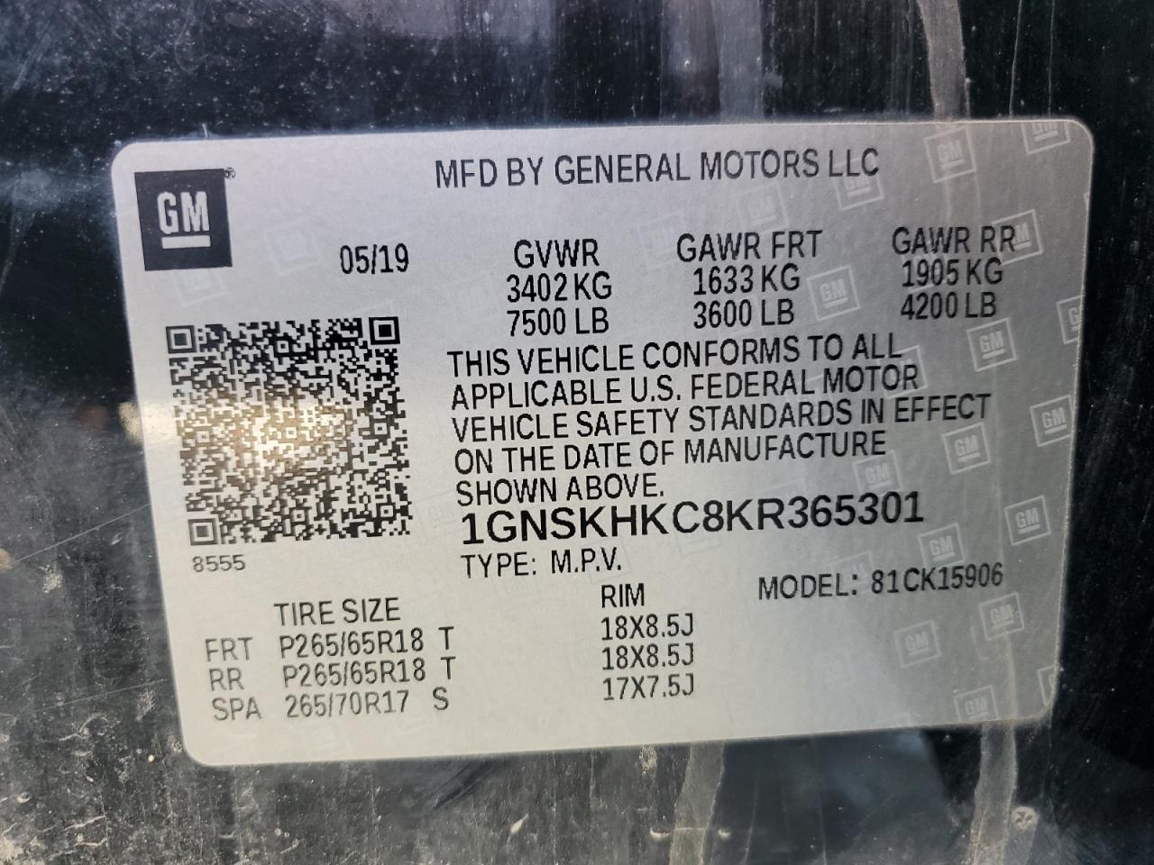 2019 Chevrolet Suburban K1500 Lt VIN: 1GNSKHKC8KR365301 Lot: 82156775