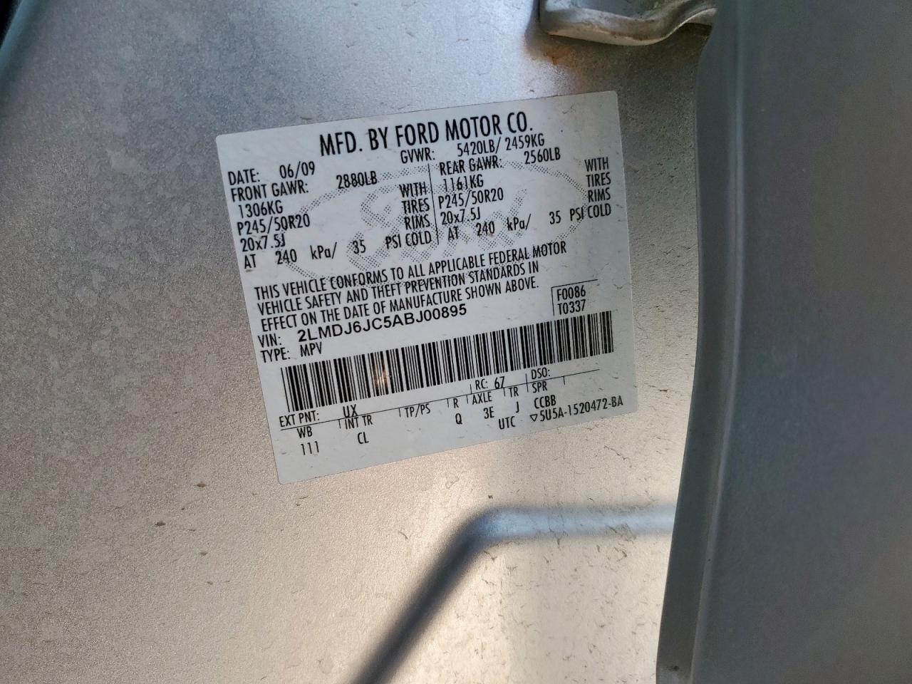 2010 Lincoln Mkx VIN: 2LMDJ6JC5ABJ00895 Lot: 71423965