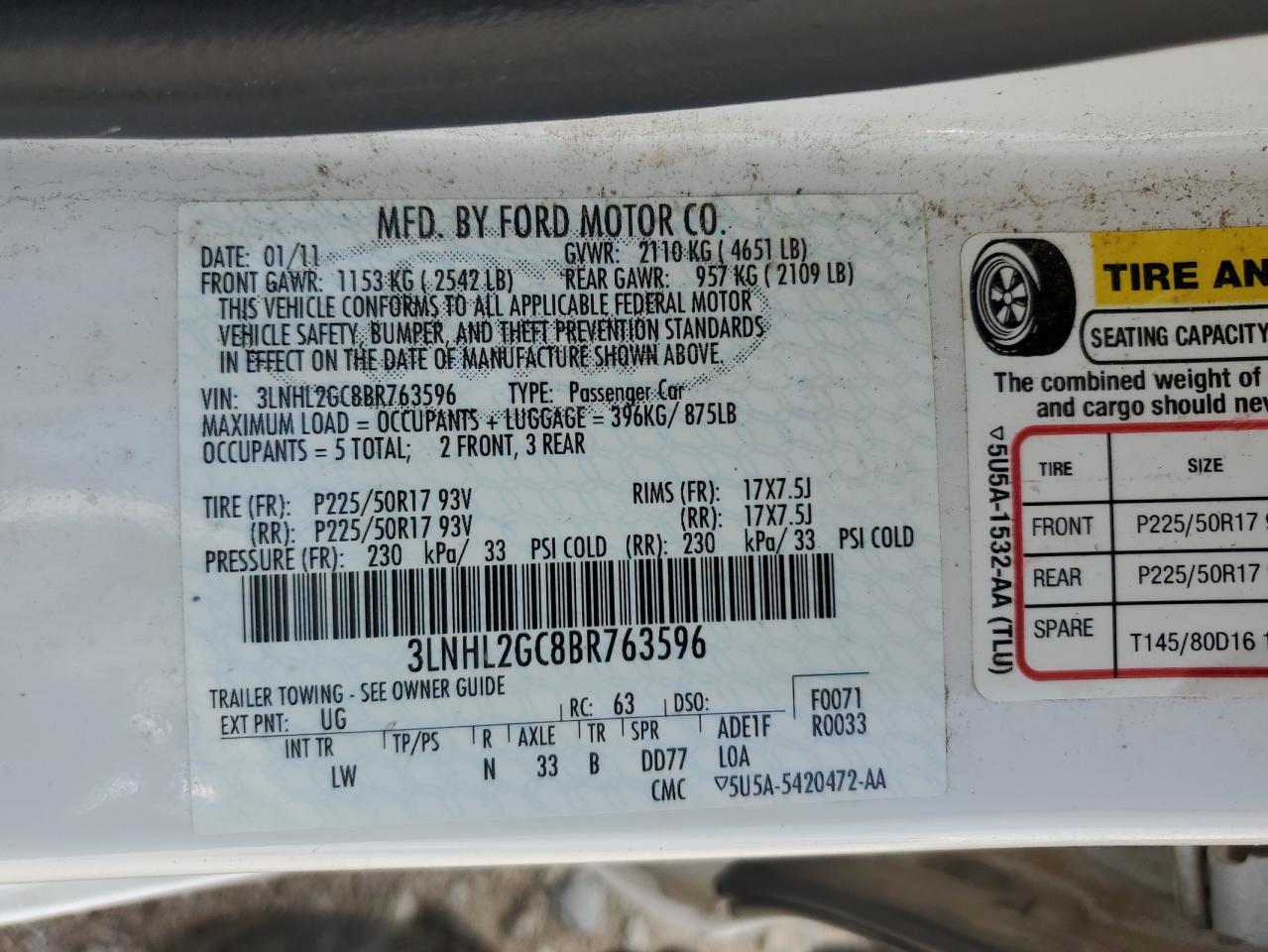 2011 Lincoln Mkz VIN: 3LNHL2GC8BR763596 Lot: 72000845