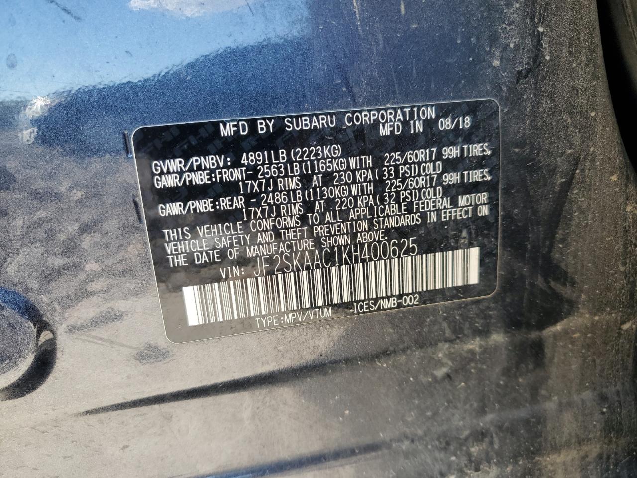 2019 Subaru Forester VIN: JF2SKAAC1KH400625 Lot: 84035385