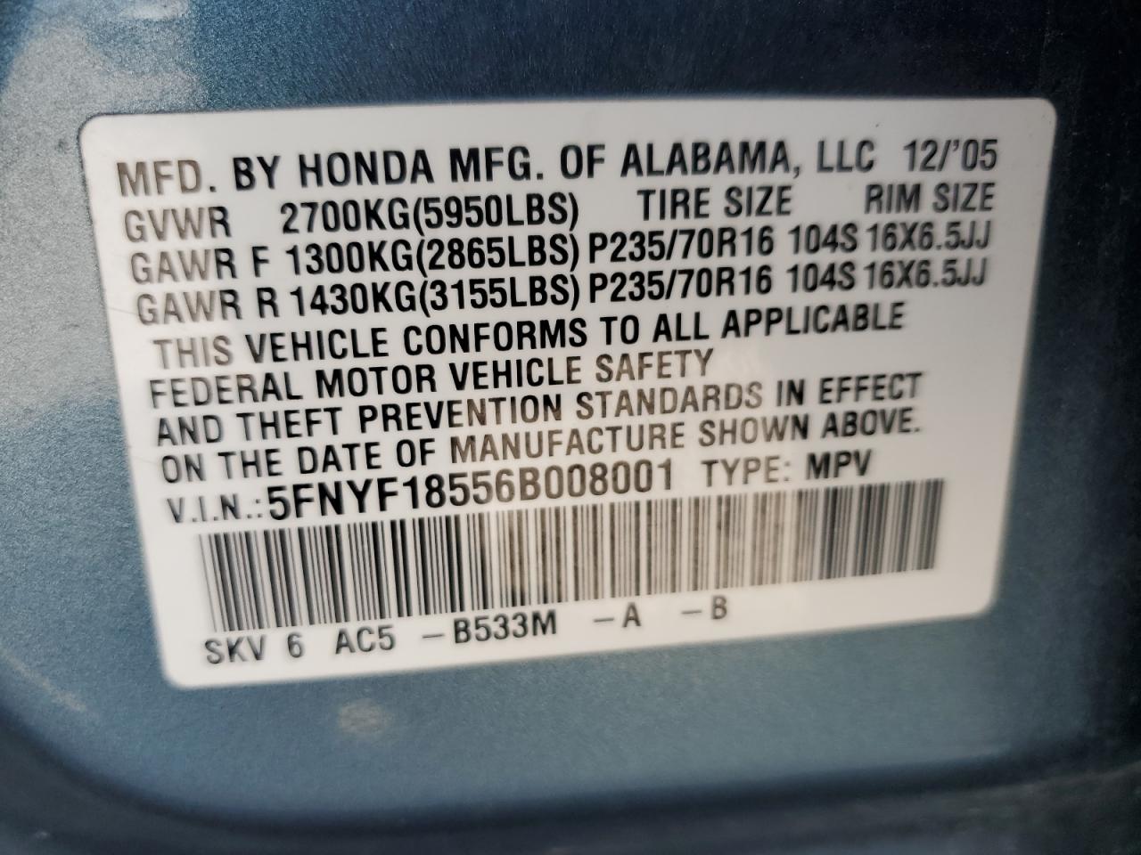 2006 Honda Pilot Ex VIN: 5FNYF18556B008001 Lot: 80871545