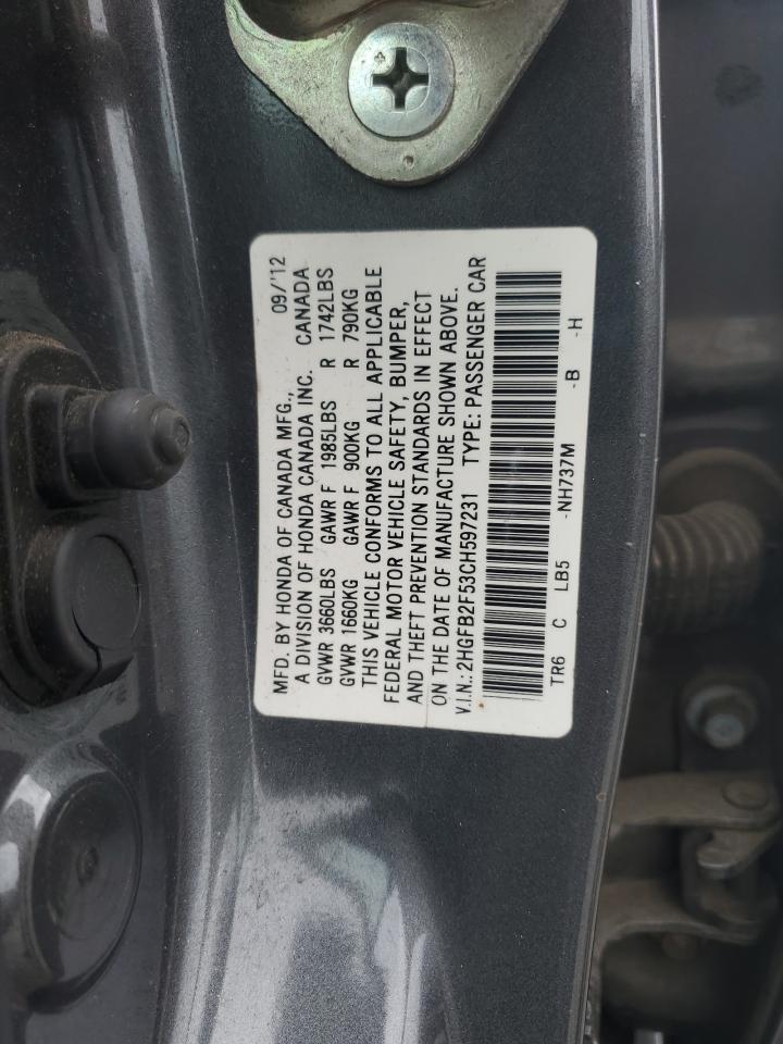 2012 Honda Civic Lx VIN: 2HGFB2F53CH597231 Lot: 84425375