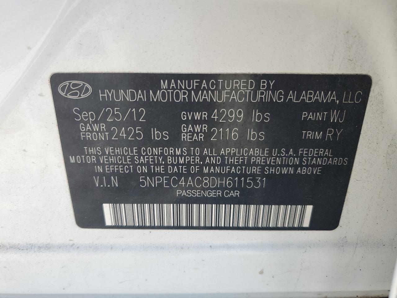 2013 Hyundai Sonata Se VIN: 5NPEC4AC8DH611531 Lot: 71919145