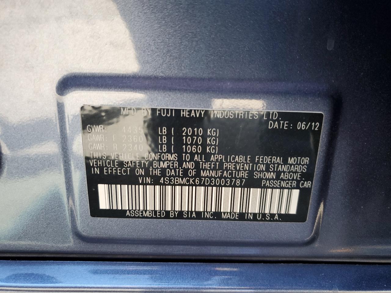 2013 Subaru Legacy 2.5I Limited VIN: 4S3BMCK67D3003787 Lot: 80824235