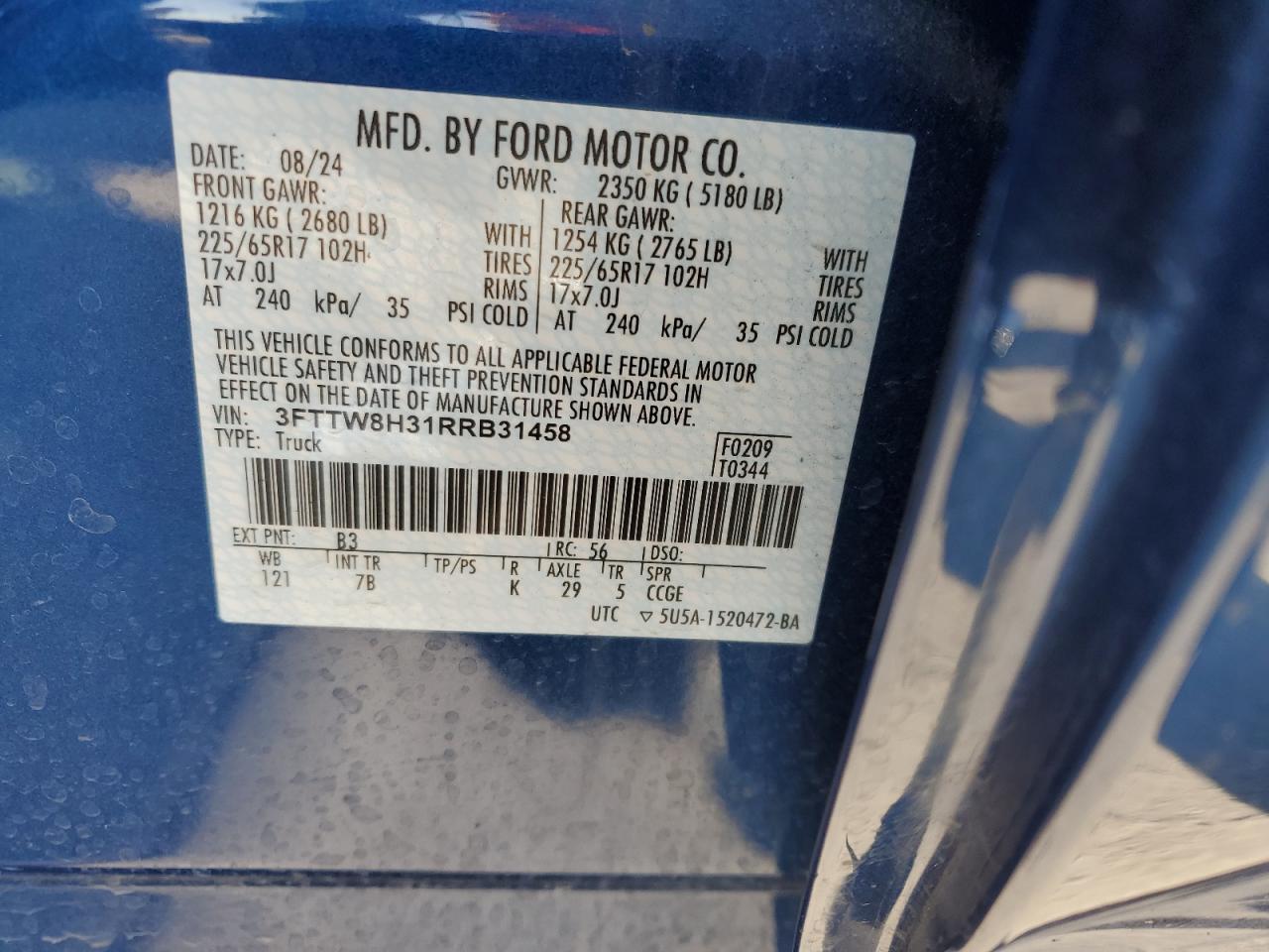 2024 Ford Maverick Xlt VIN: 3FTTW8H31RRB31458 Lot: 80941485