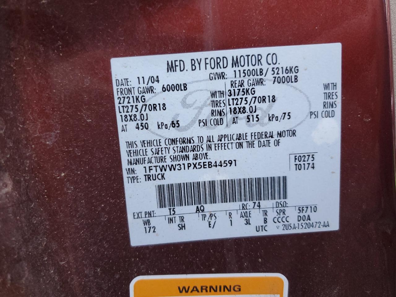 2005 Ford F350 Srw Super Duty VIN: 1FTWW31PX5EB44591 Lot: 71674055