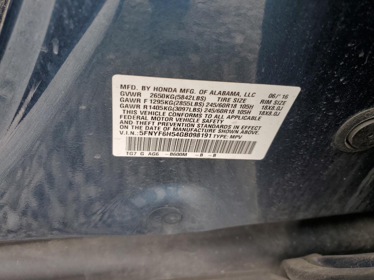 2016 Honda Pilot Exl VIN: 5FNYF6H54GB098191 Lot: 72061885