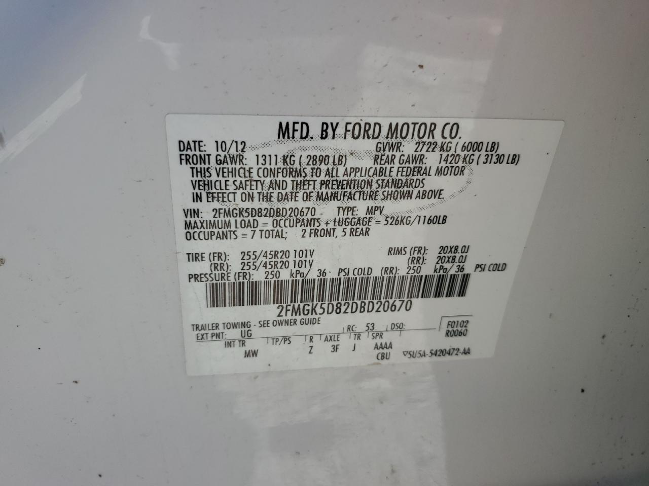 2013 Ford Flex Limited VIN: 2FMGK5D82DBD20670 Lot: 84448555