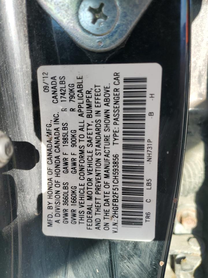 2012 Honda Civic Lx VIN: 2HGFB2F51CH593856 Lot: 84375755