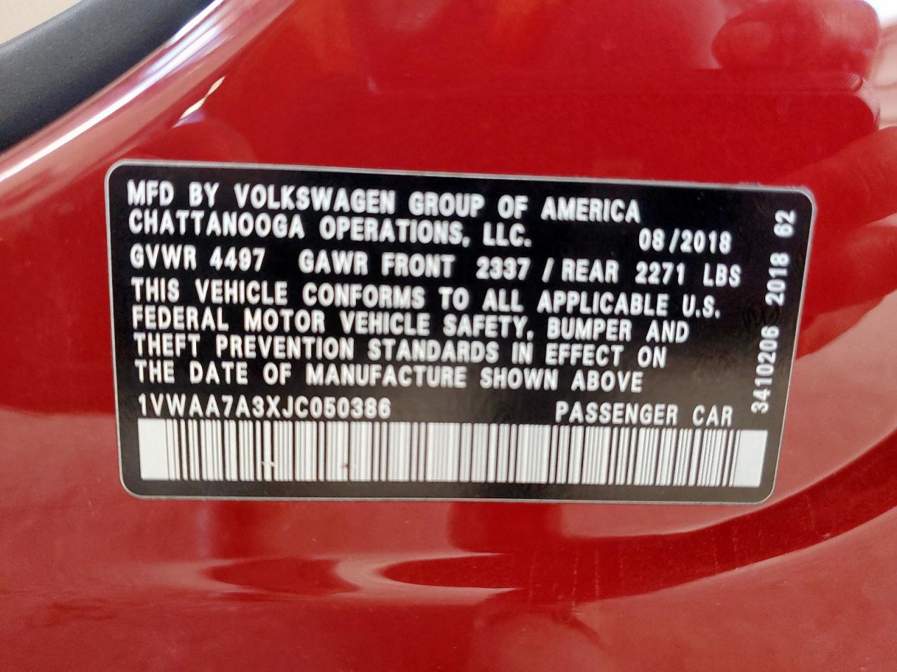 2018 Volkswagen Passat S VIN: 1VWAA7A3XJC050386 Lot: 80882395