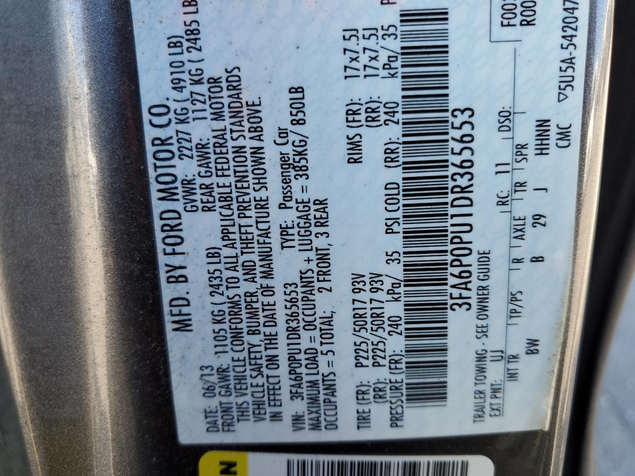 2013 Ford Fusion Se Phev VIN: 3FA6P0PU1DR365653 Lot: 80339395