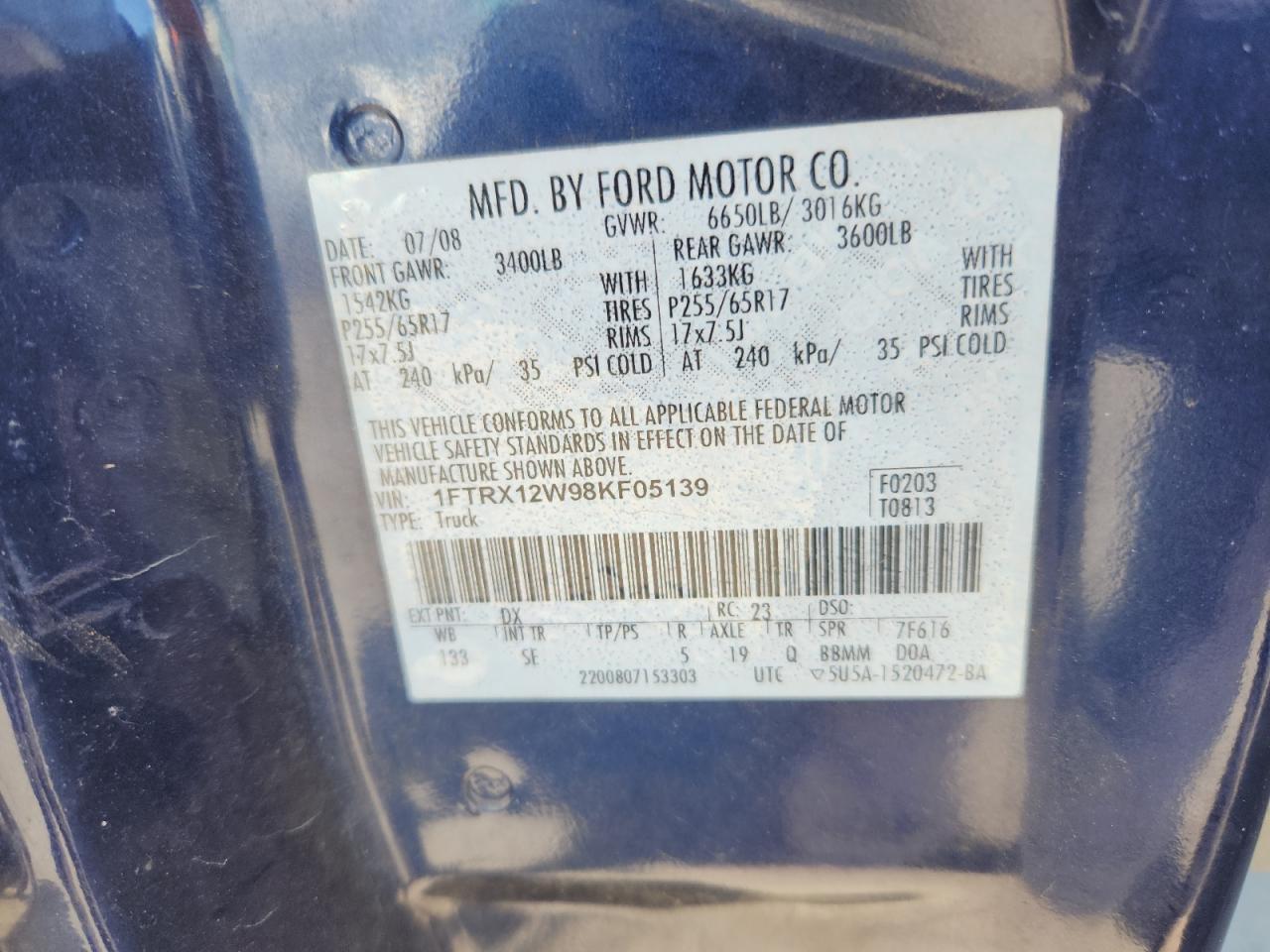 2008 Ford F150 VIN: 1FTRX12W98KF05139 Lot: 81280745