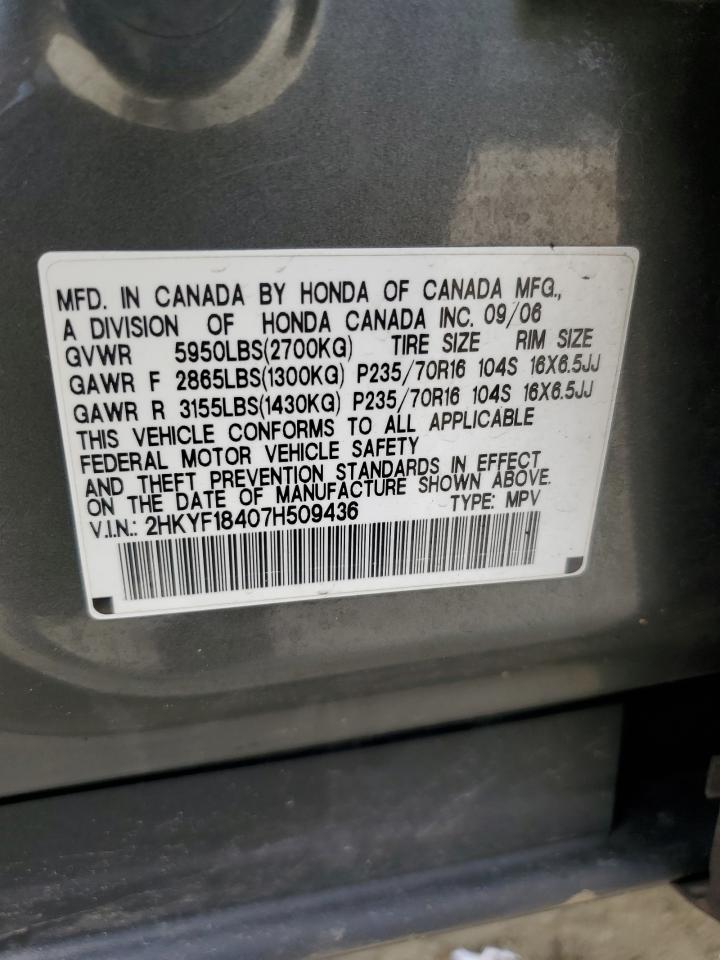 2007 Honda Pilot Ex VIN: 2HKYF18407H509436 Lot: 81726505