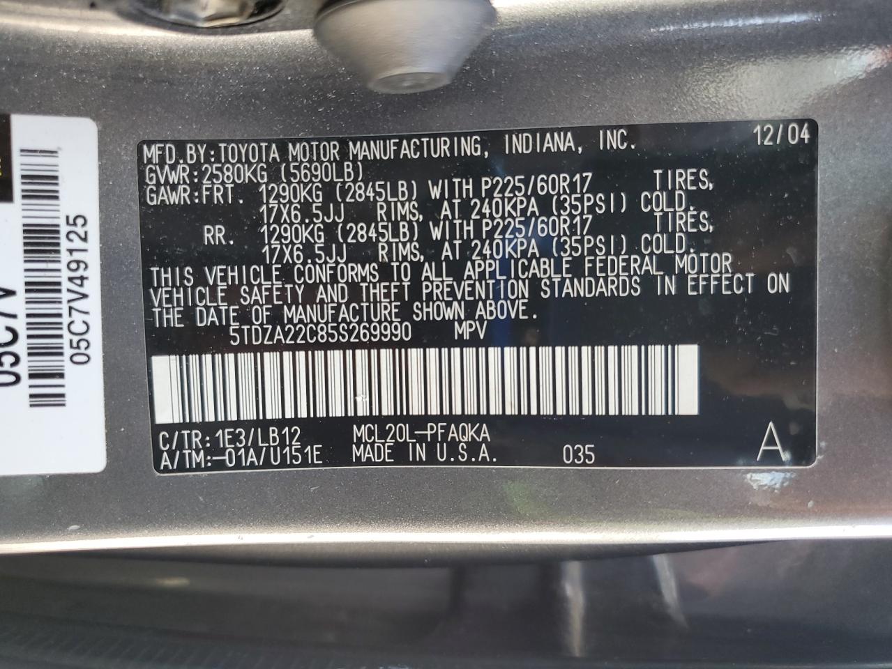 2005 Toyota Sienna Xle VIN: 5TDZA22C85S269990 Lot: 72059475