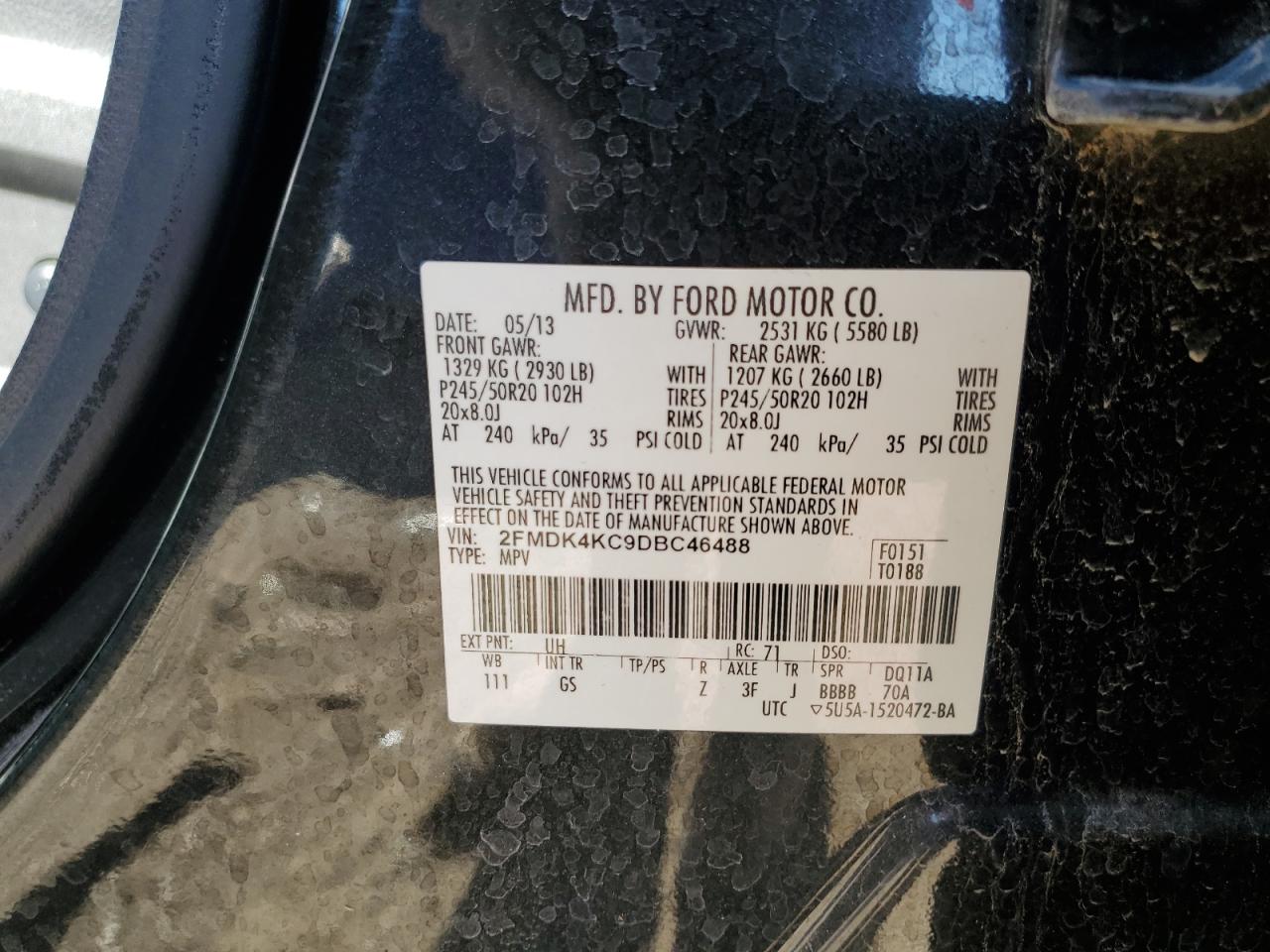 2013 Ford Edge Limited VIN: 2FMDK4KC9DBC46488 Lot: 84055575