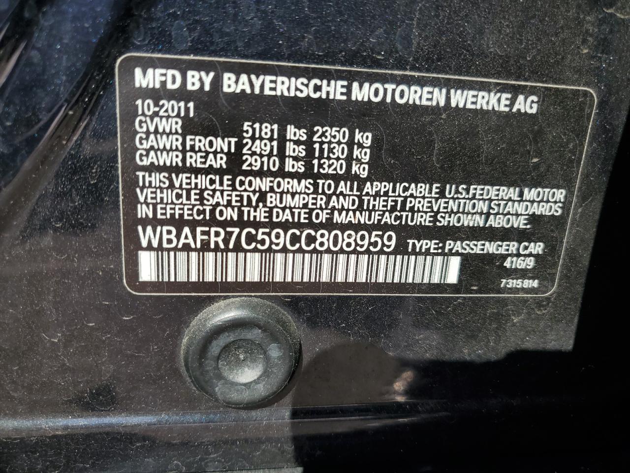 2012 BMW 535 I VIN: WBAFR7C59CC808959 Lot: 71507565