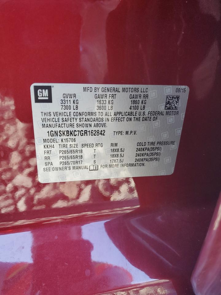 2016 Chevrolet Tahoe K1500 Lt VIN: 1GNSKBKC7GR162842 Lot: 80822385