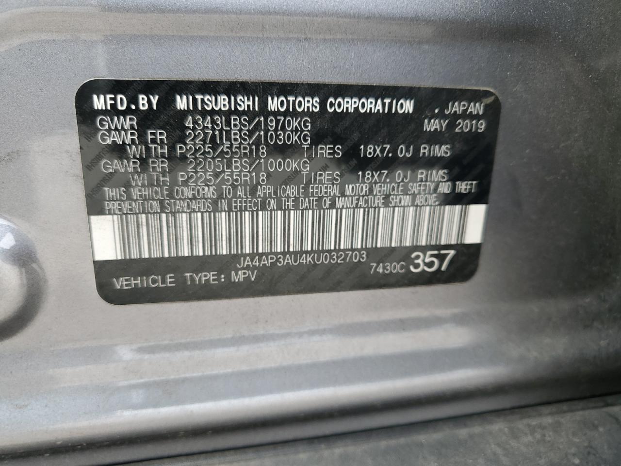 2019 Mitsubishi Outlander Sport Es VIN: JA4AP3AU4KU032703 Lot: 71662155