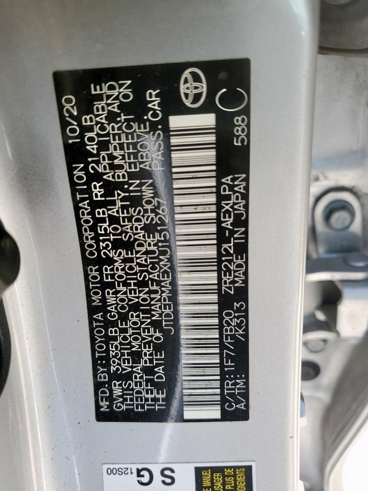 2021 Toyota Corolla Le VIN: JTDEPMAEXMJ151267 Lot: 80528815