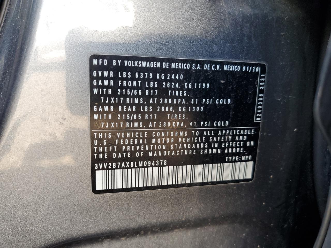 2020 Volkswagen Tiguan Se VIN: 3VV2B7AX8LM094378 Lot: 71198715