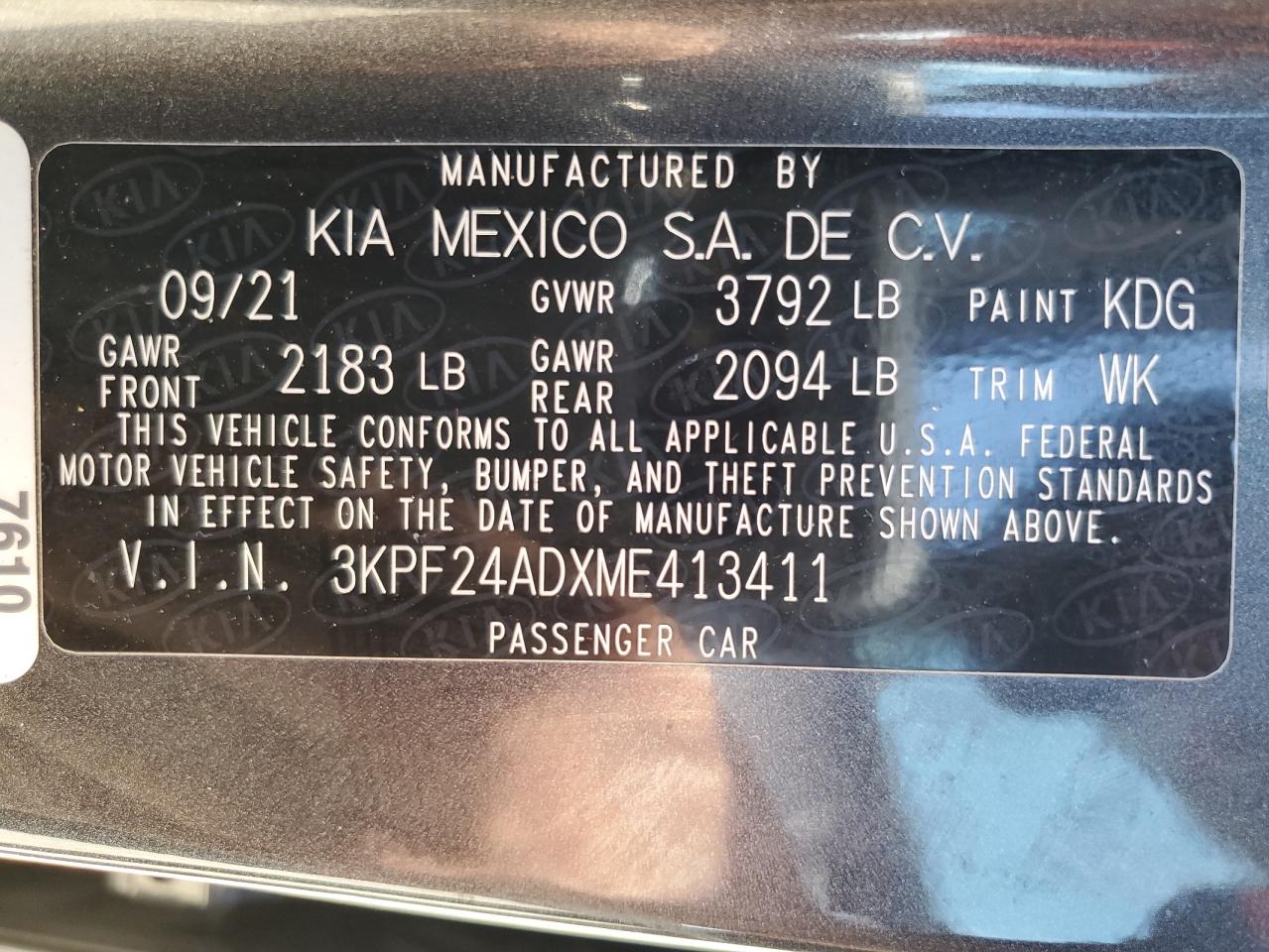 2021 Kia Forte Fe VIN: 3KPF24ADXME413411 Lot: 71878555