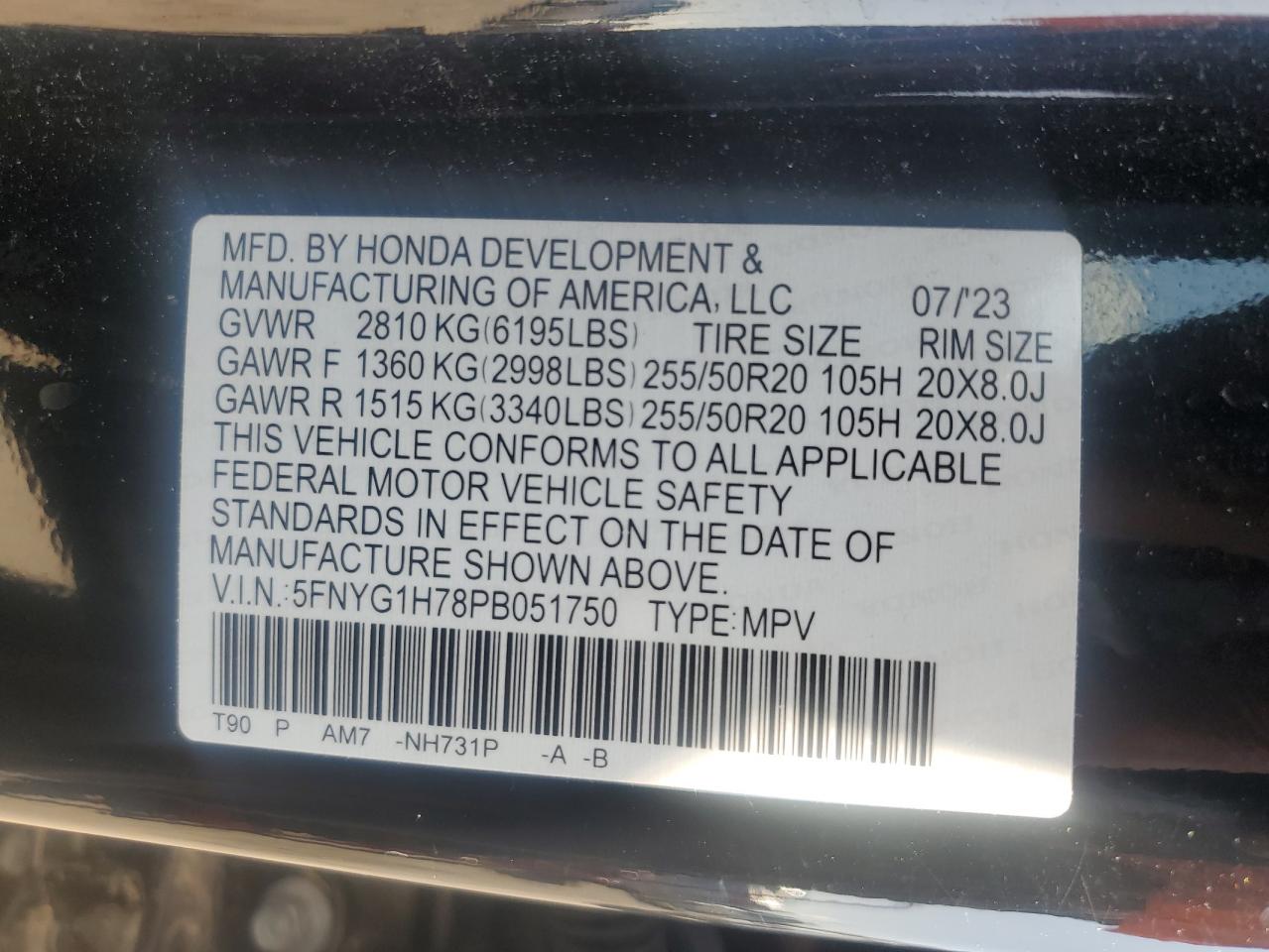 2023 Honda Pilot Touring VIN: 5FNYG1H78PB051750 Lot: 81453465