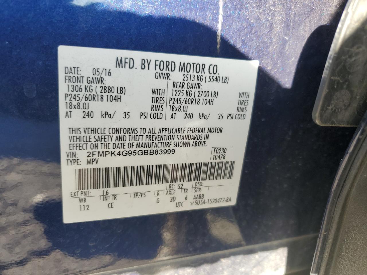 2016 Ford Edge Se VIN: 2FMPK4G95GBB83999 Lot: 83994165