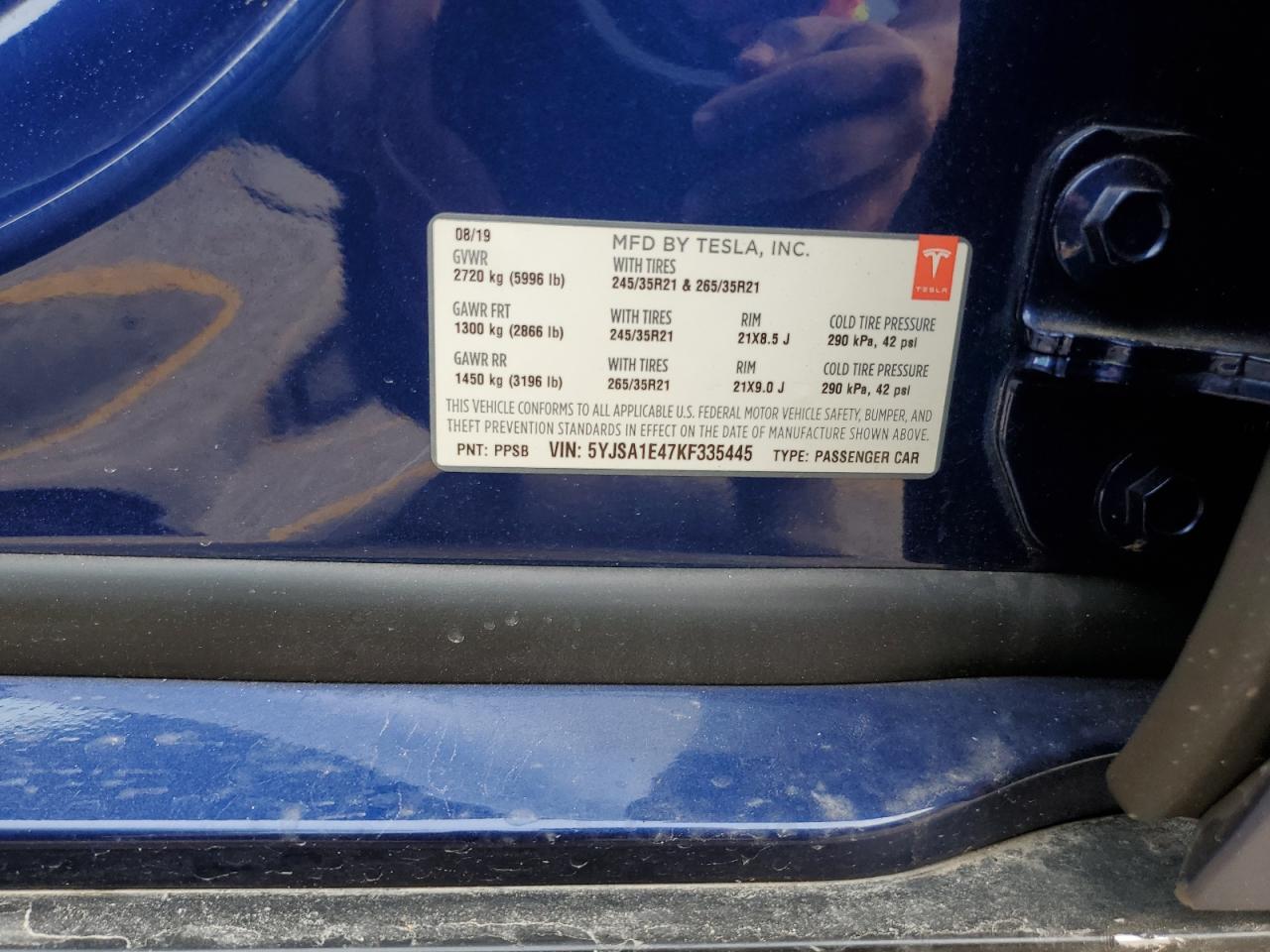 2019 Tesla Model S VIN: 5YJSA1E47KF335445 Lot: 71720555