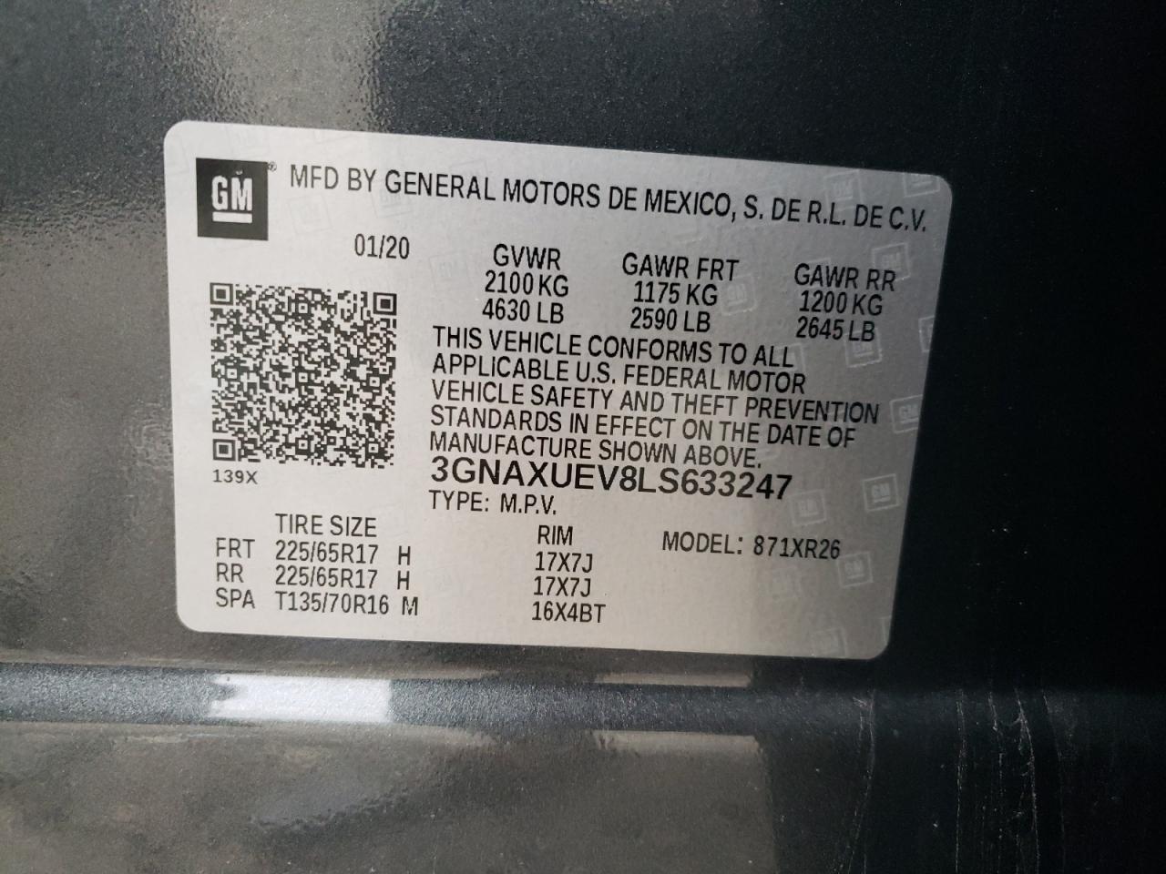 2020 Chevrolet Equinox Lt VIN: 3GNAXUEV8LS633247 Lot: 81815565