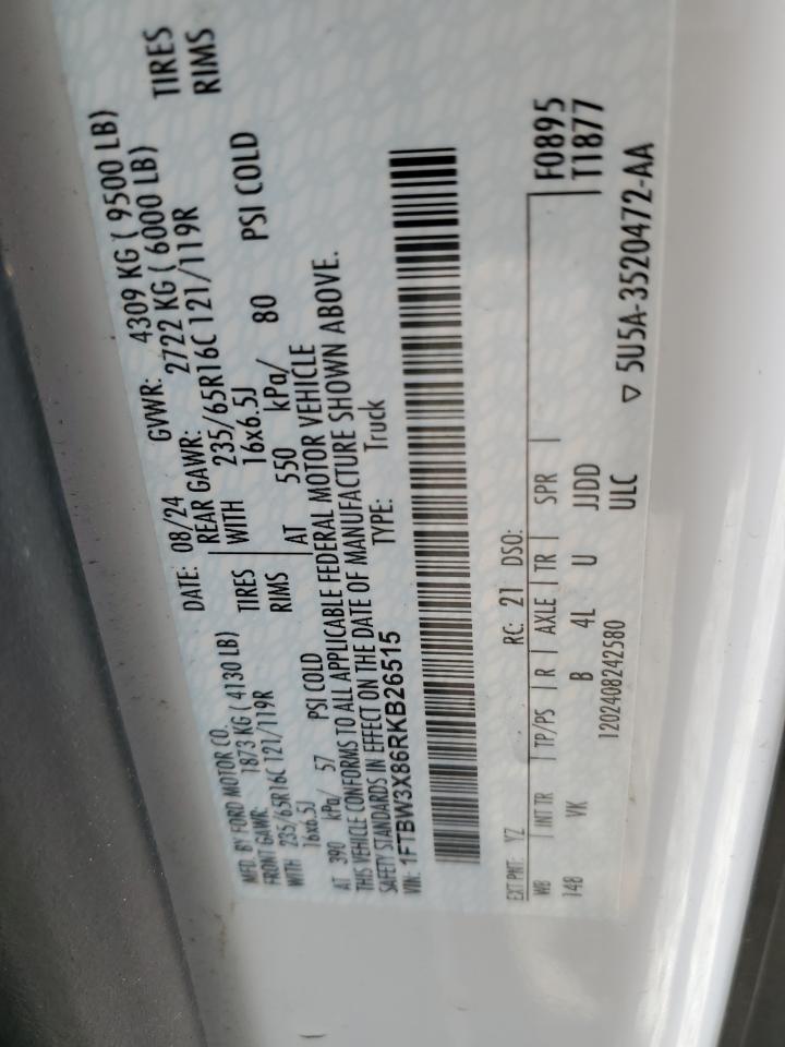 2024 Ford Transit T-350 VIN: 1FTBW3X86RKB26515 Lot: 71619355