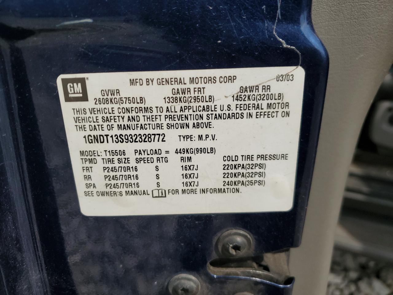 2003 Chevrolet Trailblazer VIN: 1GNDT13S932328772 Lot: 81499835