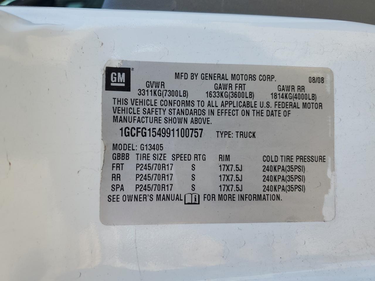 2009 Chevrolet Express G1500 VIN: 1GCFG154991100757 Lot: 80354795