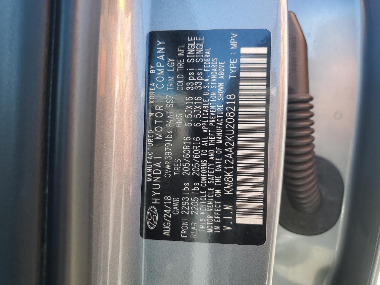 2019 Hyundai Kona Se VIN: KM8K12AA2KU208218 Lot: 72010985
