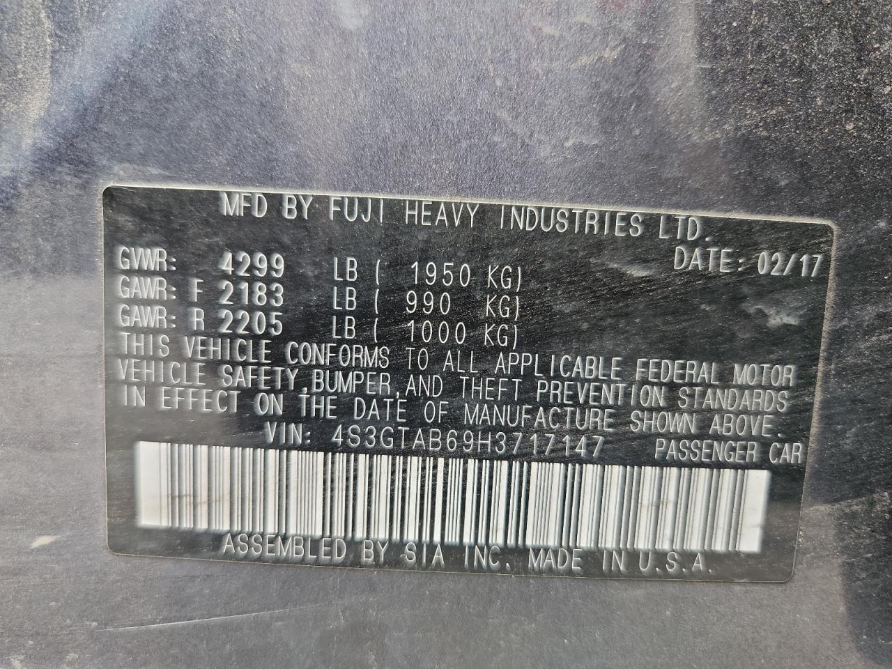 2017 Subaru Impreza Premium VIN: 4S3GTAB69H3717147 Lot: 71835415