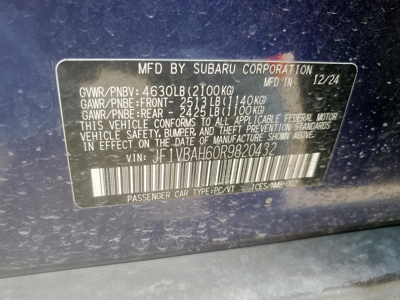 2024 Subaru Wrx Premium VIN: JF1VBAH60R9820432 Lot: 72075455
