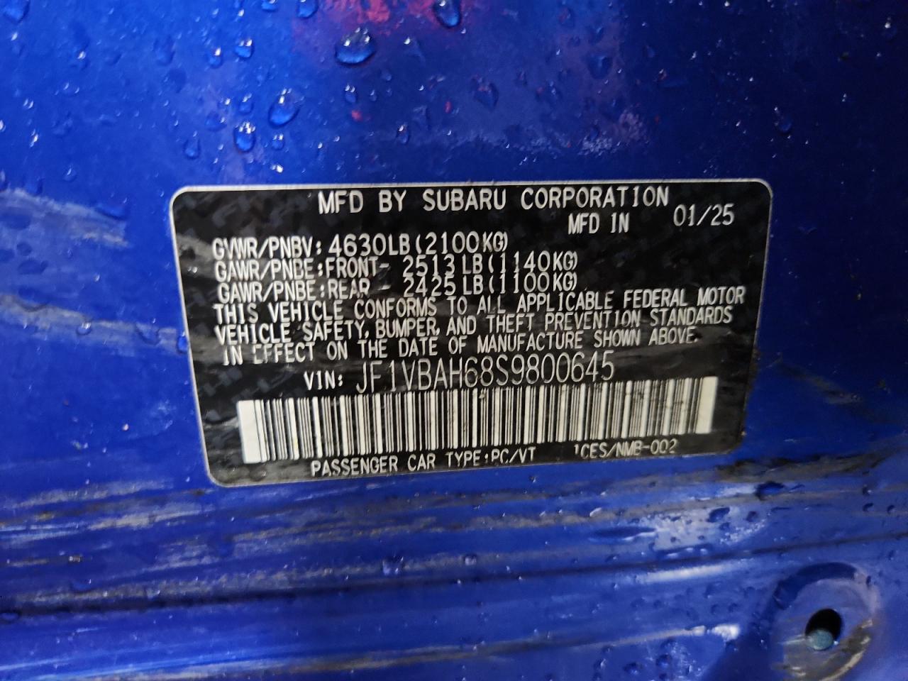 2025 Subaru Wrx Premium VIN: JF1VBAH68S9800645 Lot: 83851445