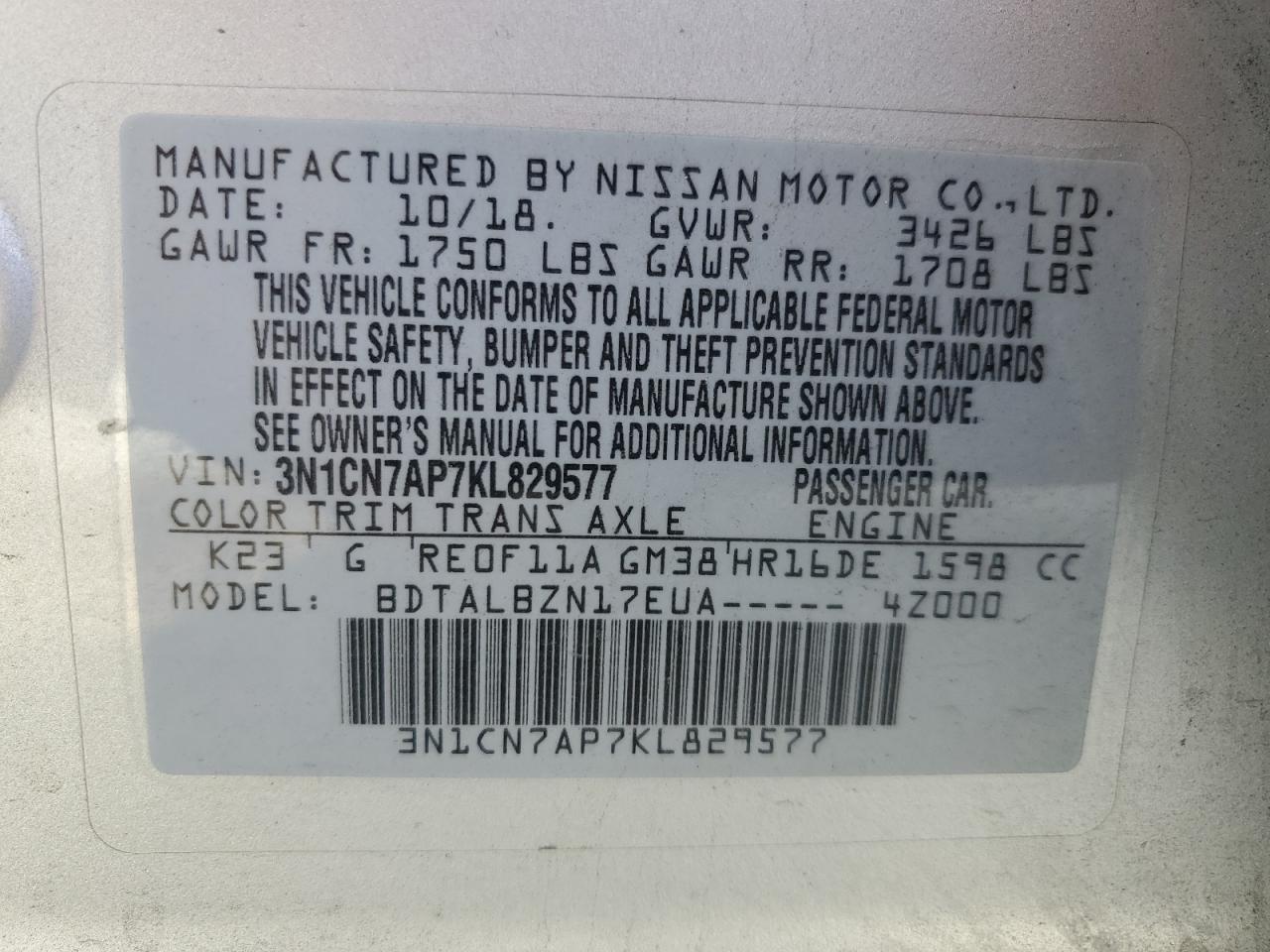 2019 Nissan Versa S VIN: 3N1CN7AP7KL829577 Lot: 84230505