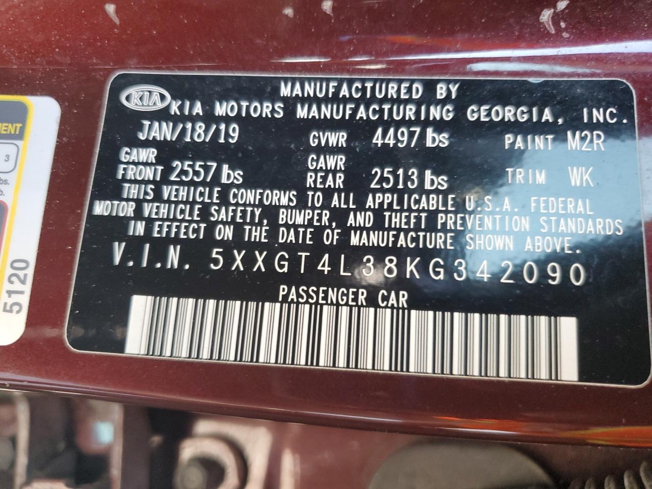 2019 Kia Optima Lx VIN: 5XXGT4L38KG342090 Lot: 81298305