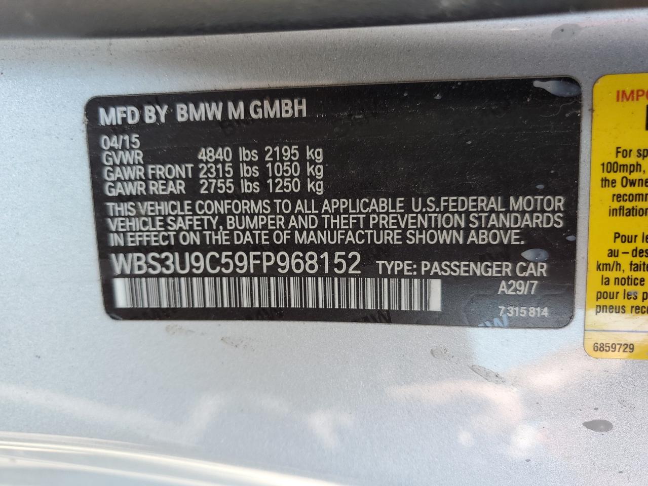 2015 BMW M4 VIN: WBS3U9C59FP968152 Lot: 71421875