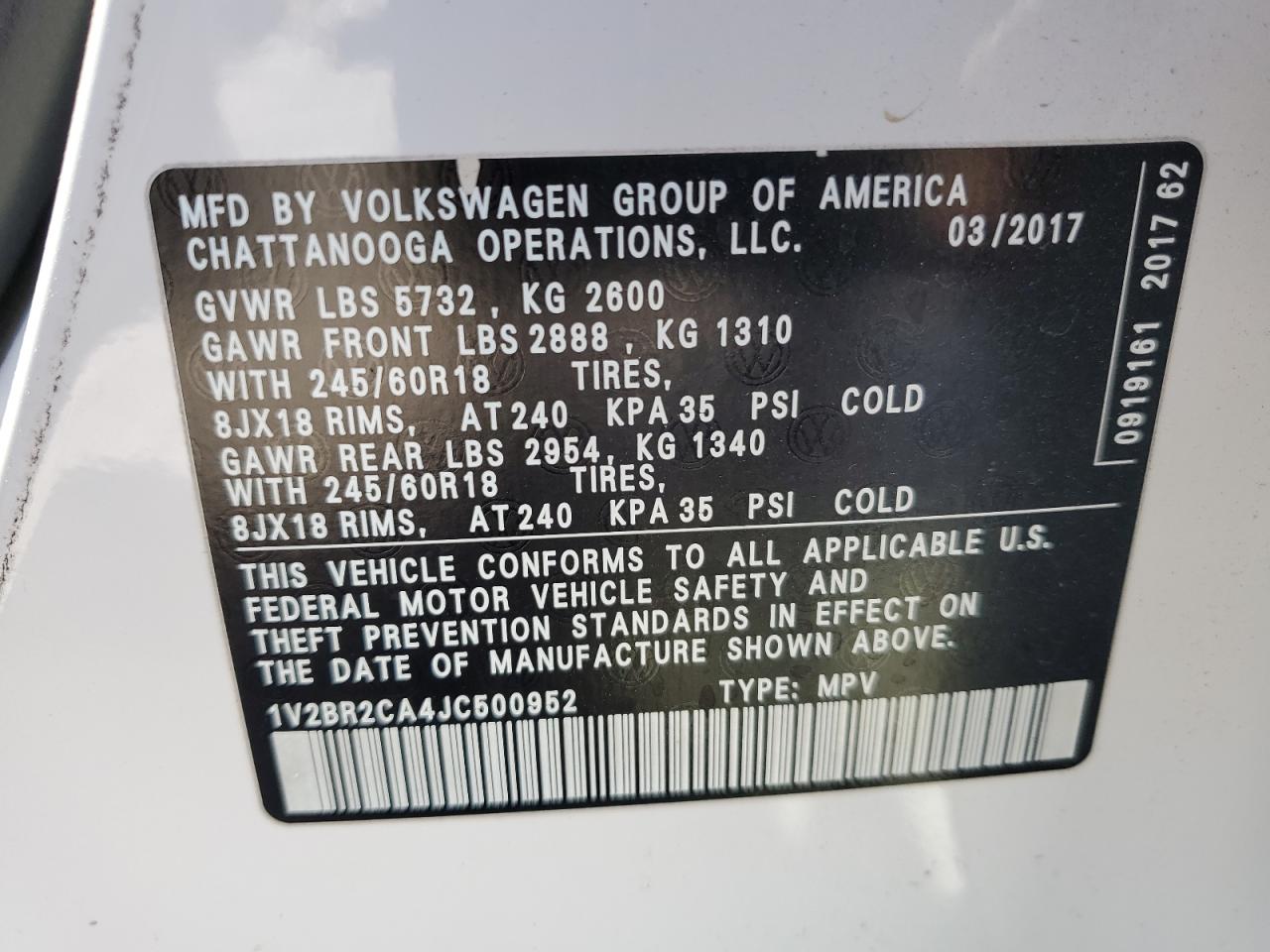 2018 Volkswagen Atlas VIN: 1V2BR2CA4JC500952 Lot: 81613175