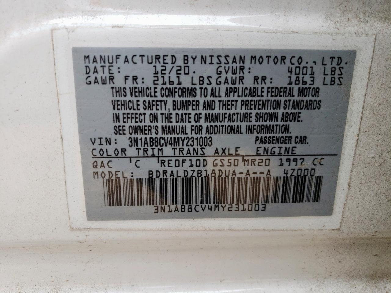 2021 Nissan Sentra Sv VIN: 3N1AB8CV4MY231003 Lot: 84463205