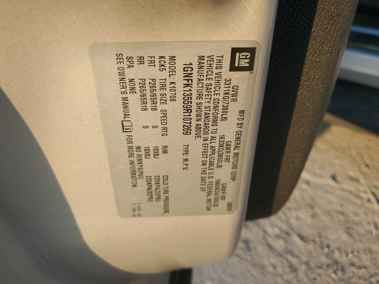 2009 Chevrolet Tahoe Hybrid VIN: 1GNFK13559R107269 Lot: 80921955